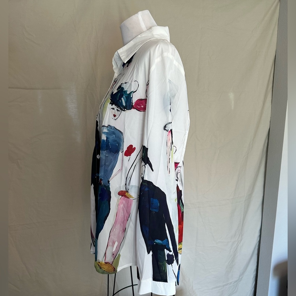 NWOT Artistic Print Button-Up Shirt long sleeve blouse XL Shein multicolor white - Picture 11 of 16